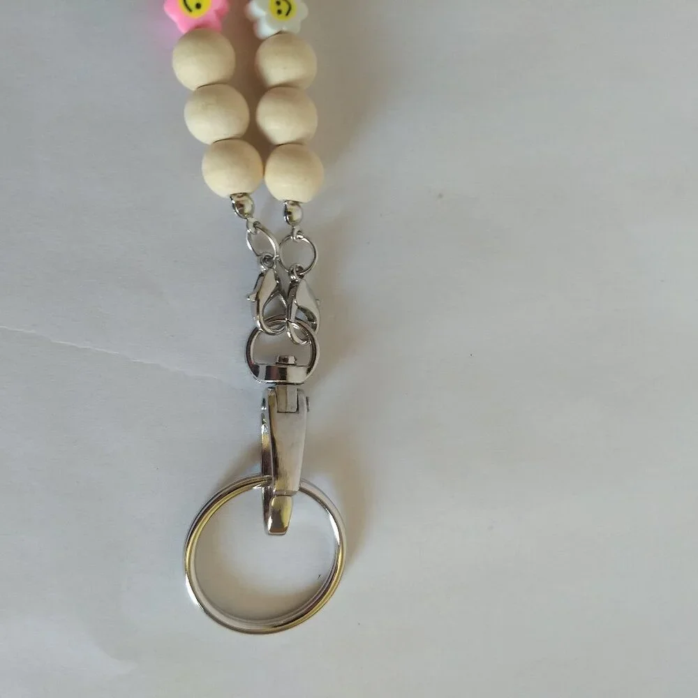 Wooden Bead Smiley Flower Lanyard Keychain Kidcore Fun Colorful Modern Utility